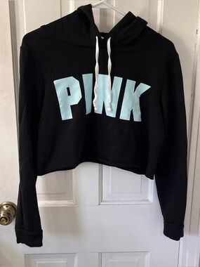 PINK Victoria's Secret Black Cropped Hoodie with Light Blue Logo